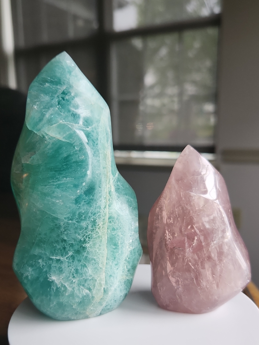 Fluorite And Rose Quartz Crystal Flames, Set Of 2